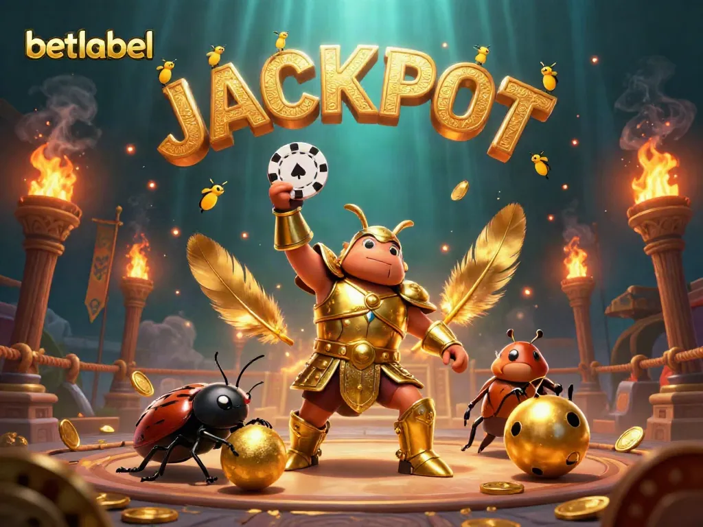 Engage with betlabel's thrilling gaming experience as a victorious beetle showcases its poker chip in this vibrant illustration.