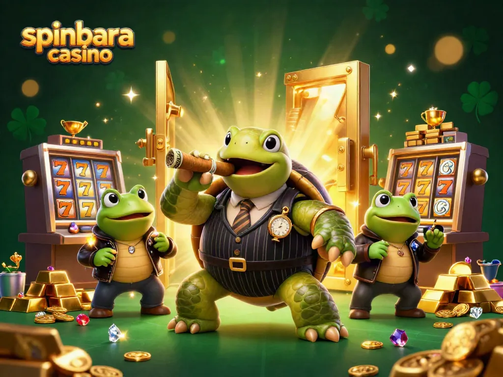 Experience the excitement of spinbara casino with a vibrant 3D illustration showcasing thrilling slot machines and dynamic characters.