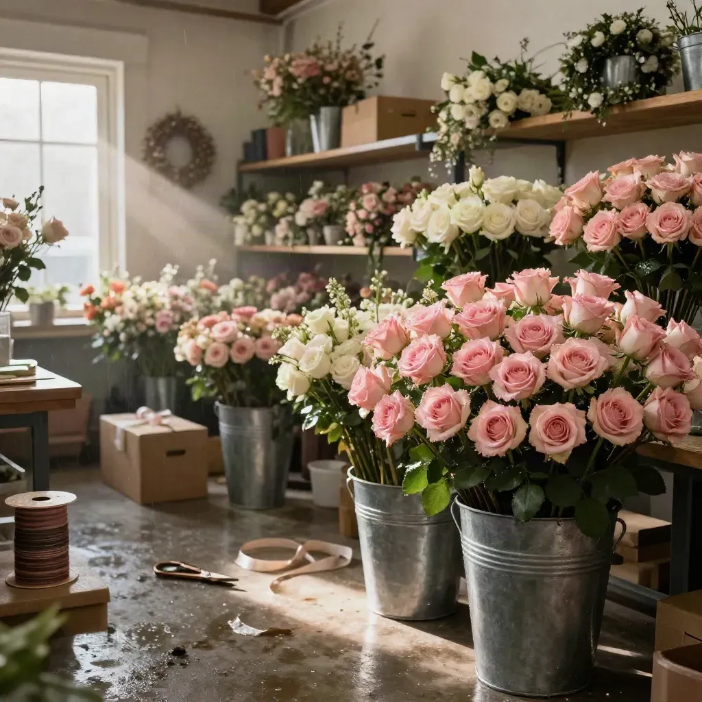 Taller floral con ramos de rosas, coronas y cajas de entrega tras la lluvia.