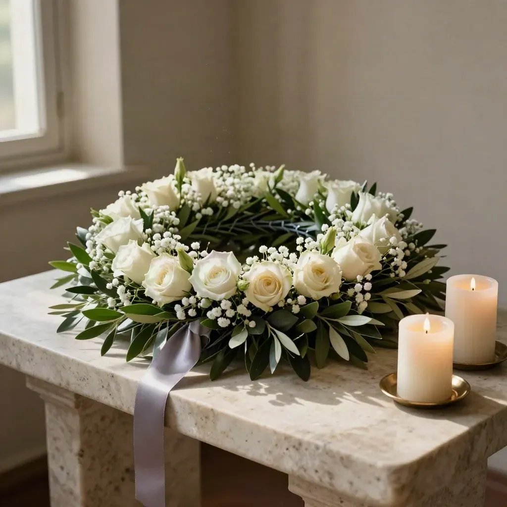 Corona funeraria blanca con hojas de olivo y velas sobre consola de piedra.
