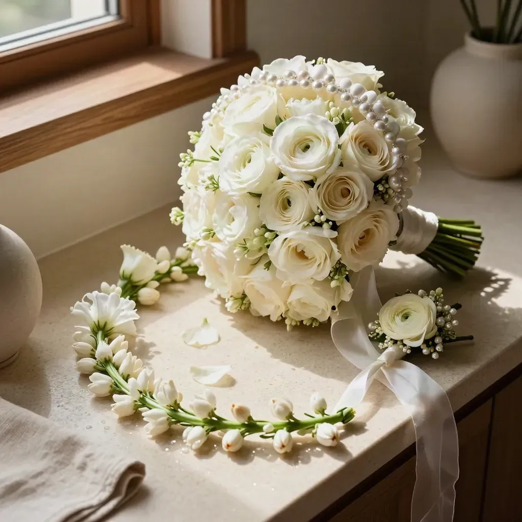 Conjunto nupcial de flores blancas sobre travertino claro con cinta de tul en movimiento.