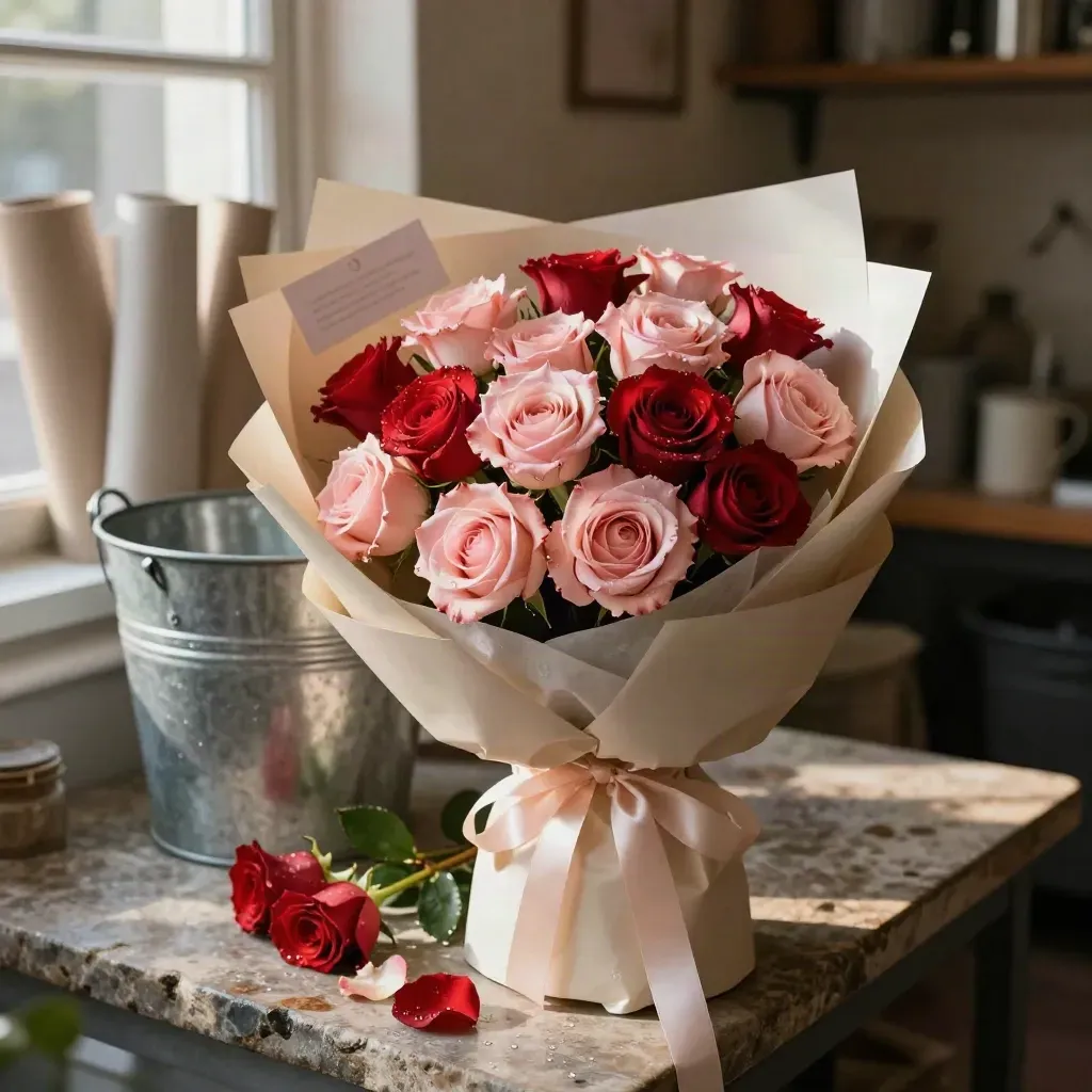 Ramo terminado de rosas rojas y rosas junto a un cubo metálico con agua, estilo editorial.