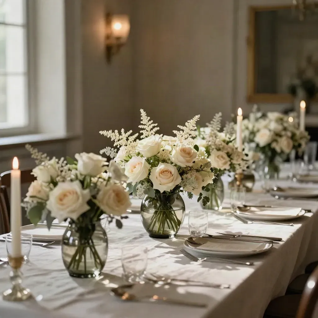 Trío de centros de mesa con rosas crema y velas sobre una mesa de banquete en penumbra.
