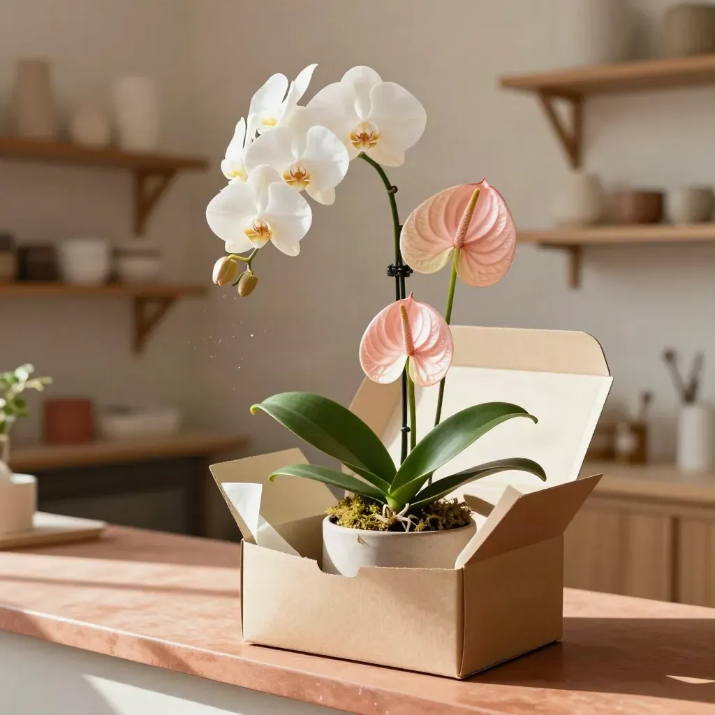 Orquídea blanca y anturio rosado en caja de envío abierta sobre un mostrador de floristería.