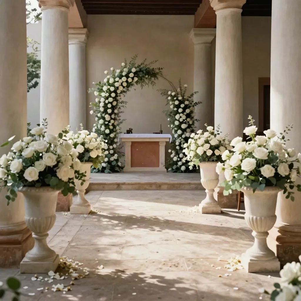 Pasillo de boda sevillano con urnas de rosas blancas y luz dorada
