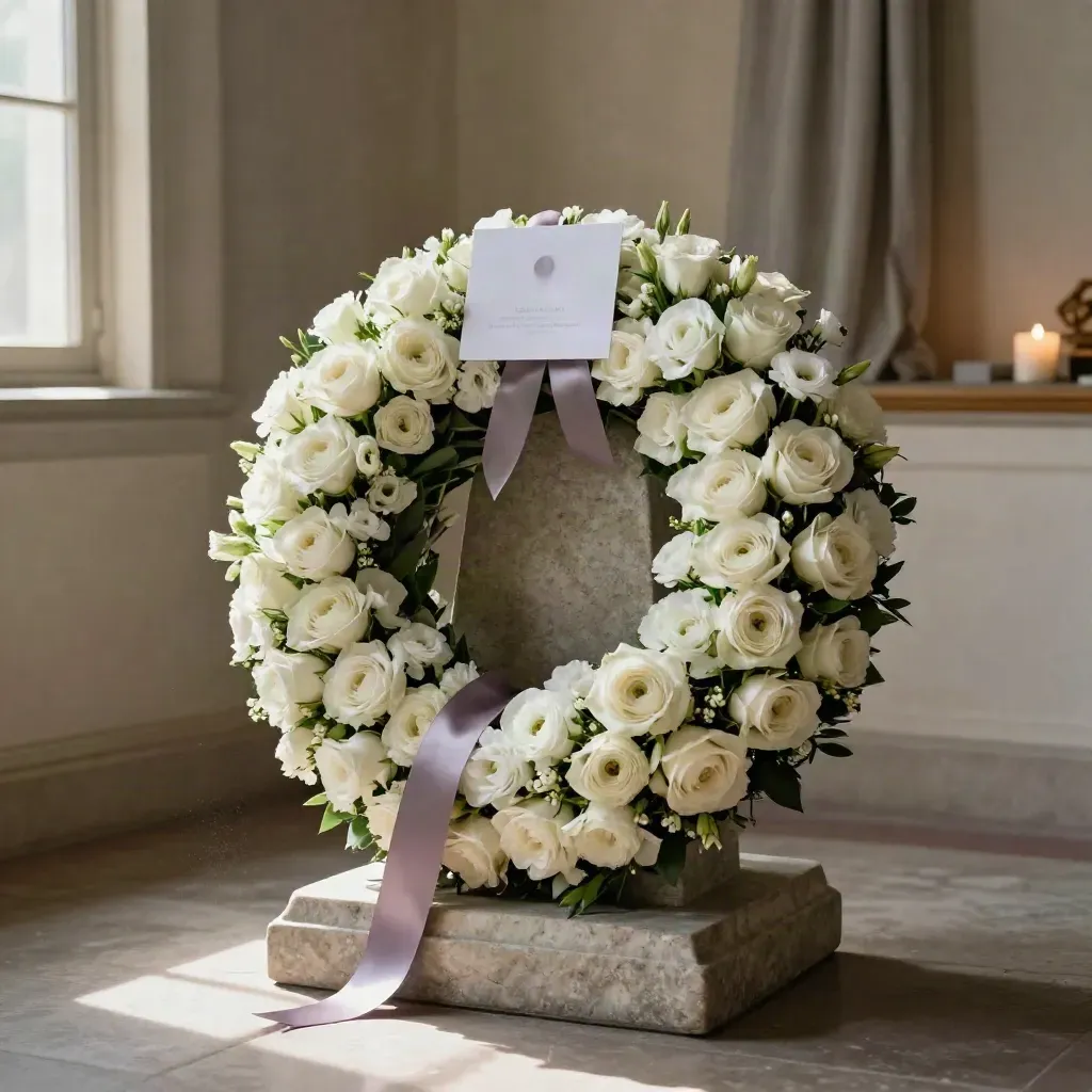 Corona funeraria blanca con cinta lila suave sobre pedestal de piedra, en un vestíbulo silencioso.