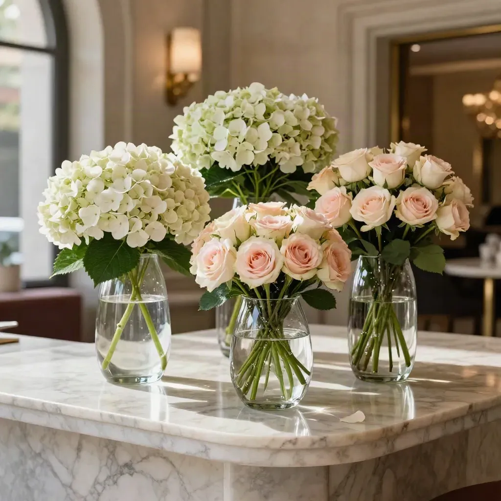 Centros de mesa con hortensias y rosas sobre mármol en un lobby de hotel.