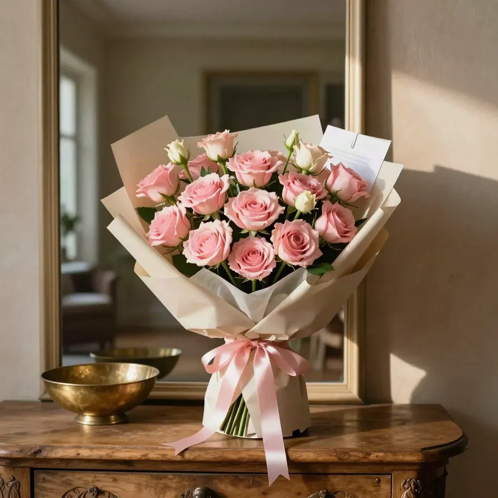 Ramo de rosas rosa con tarjeta sobre consola de entrada, iluminado por luz de tarde.