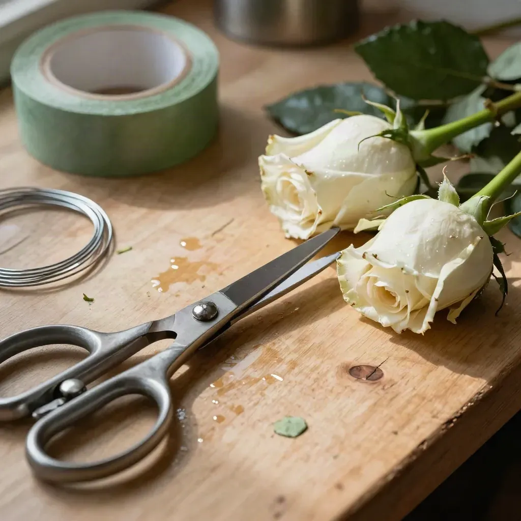 Tijeras de florista, alambre, cinta verde y tallos de rosas sobre banco de madera.