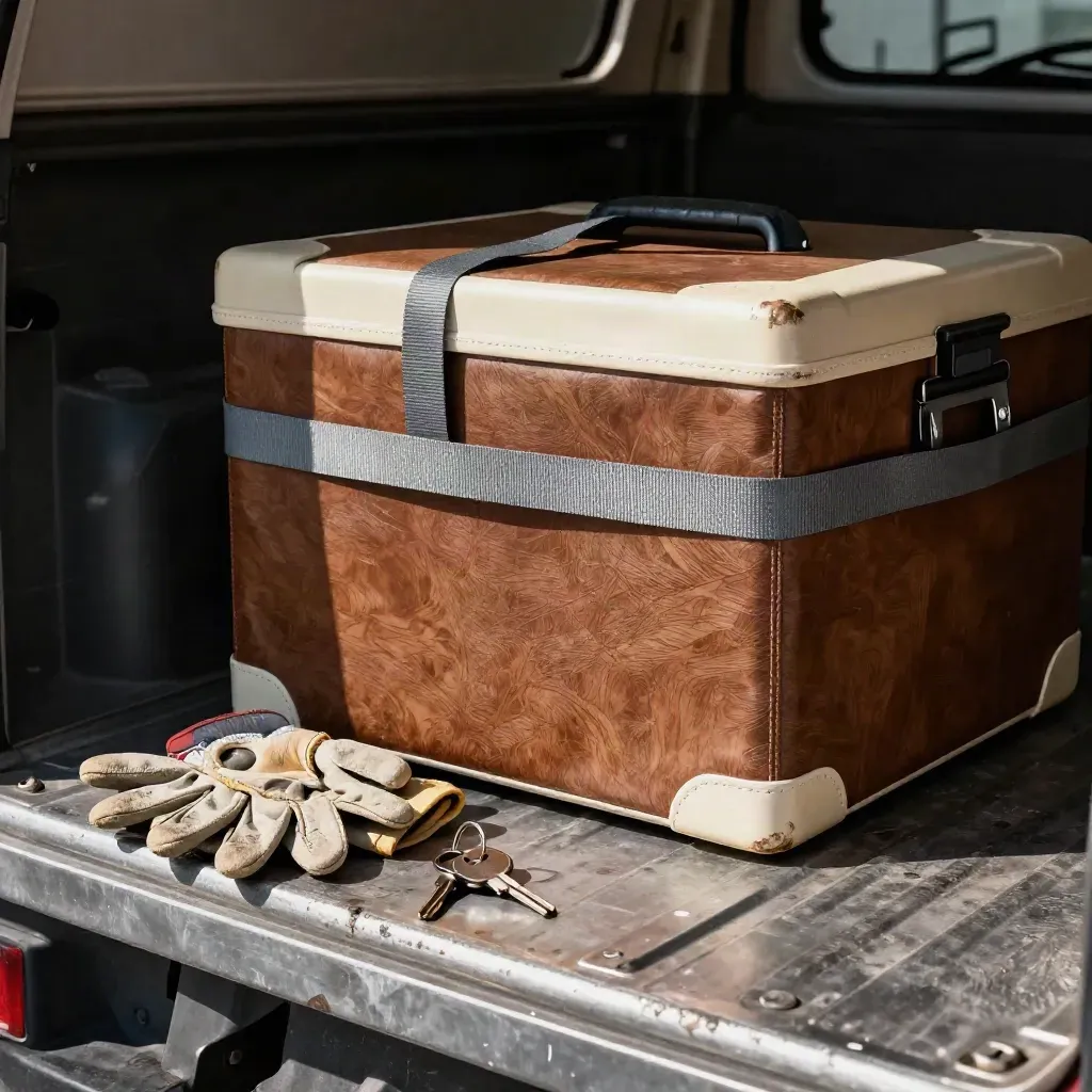Caja térmica de reparto, cinchas, guantes y llaves sobre chapa pintada junto a un vehículo.