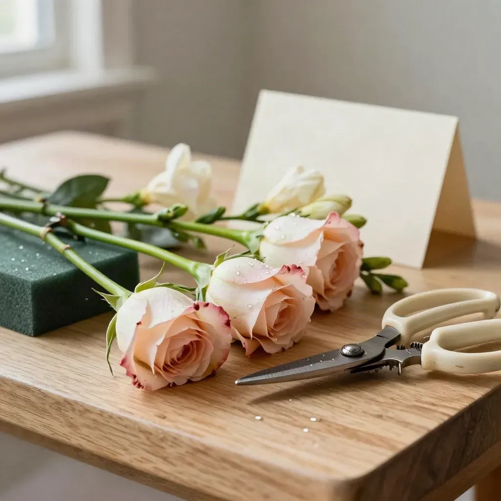 Tijeras, tallos de rosa, fresias y esponja floral sobre madera clara