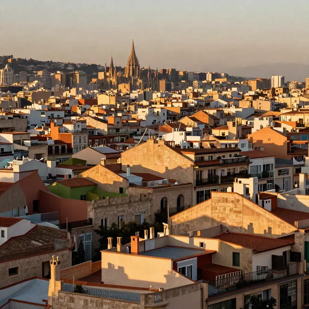 Tejados de Barcelona al atardecer, con la catedral y la ciudad en bruma cálida.