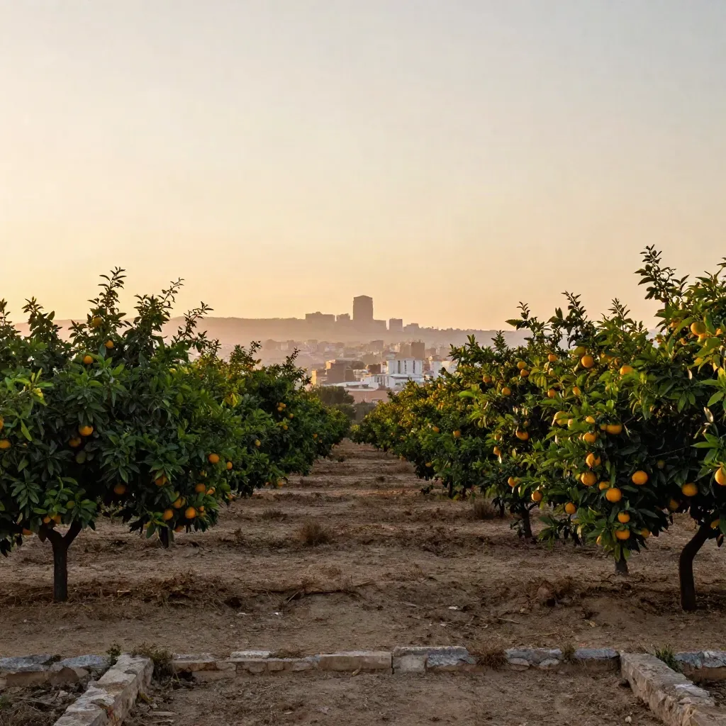 Huerta valenciana con naranjos y Valencia muy arriba al fondo, bajo la luz del atardecer.