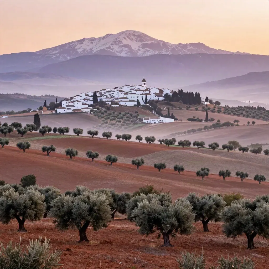 Amanecer en Andalucía con olivos, pueblo blanco y Sierra Nevada al fondo.