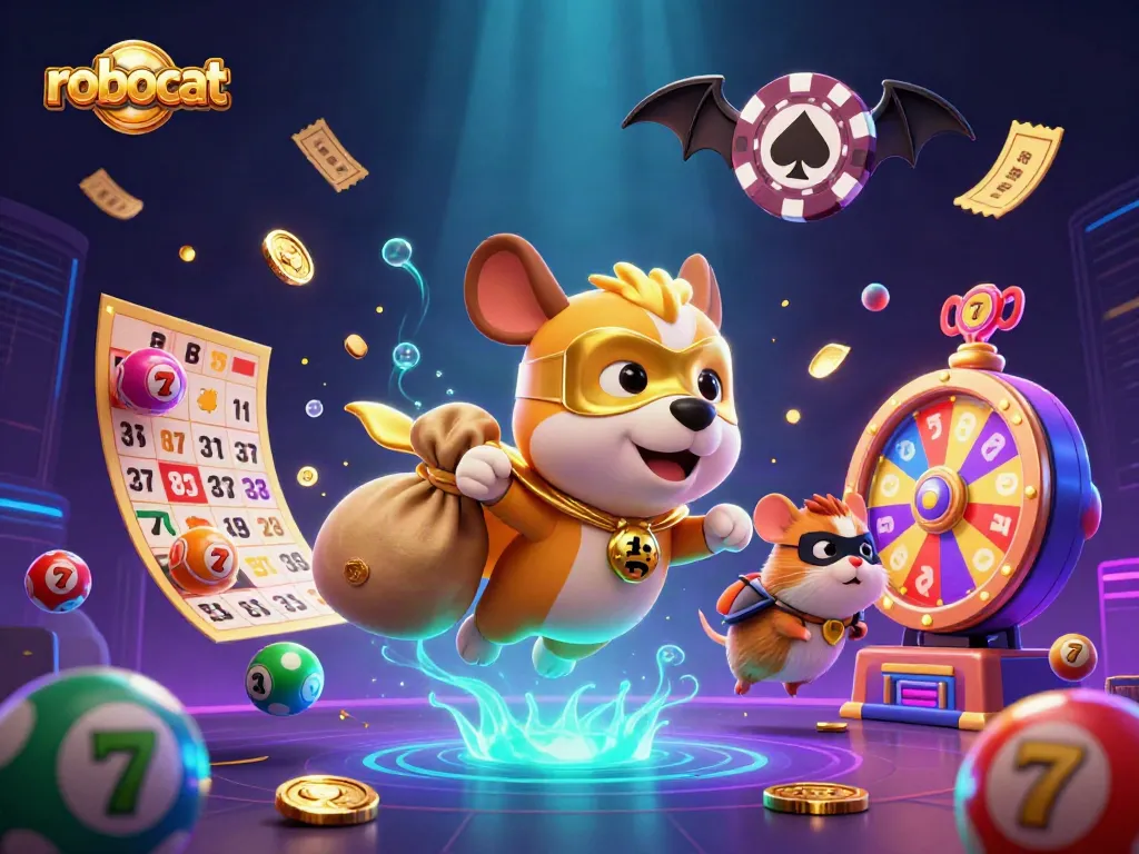 robocat superhero dog and hamster celebrating wins with casino games and jackpots